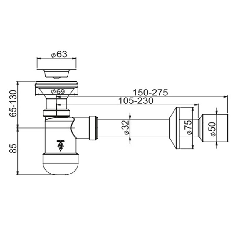 Cифон для умывальника Basic, телескопический, резиновая пробка d 32/50 Prevex PR3-D4N35-003