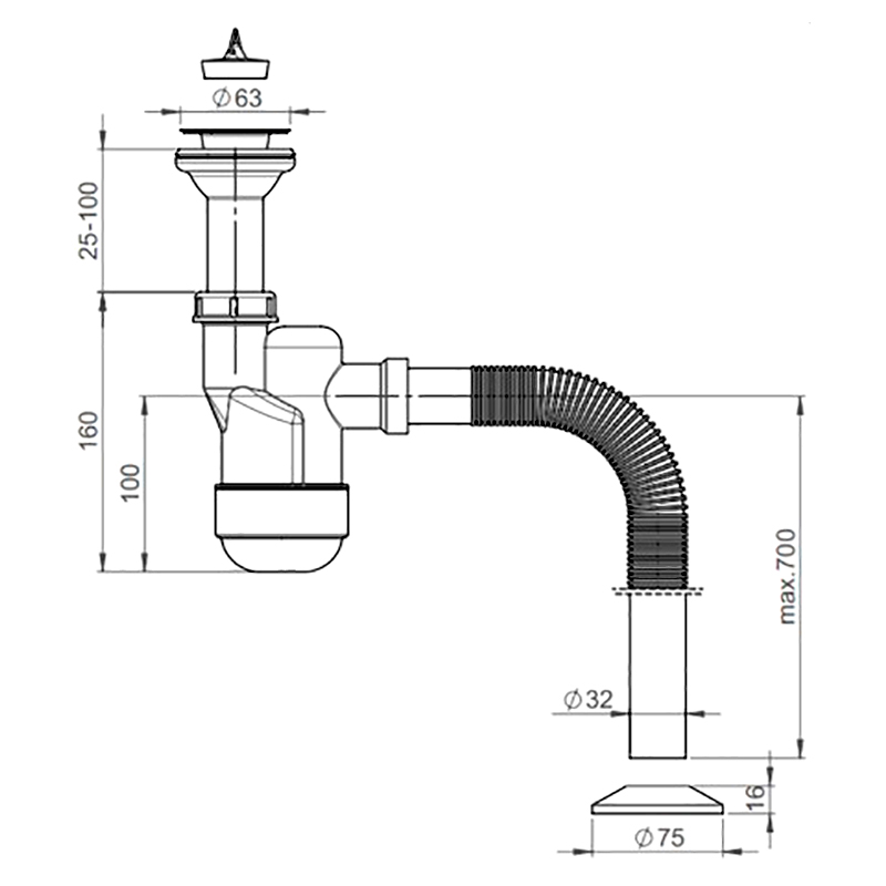 Cифон для умывальника Ventloc с шариком, с верхом, гофра d32 / 40 Prevex 3035001