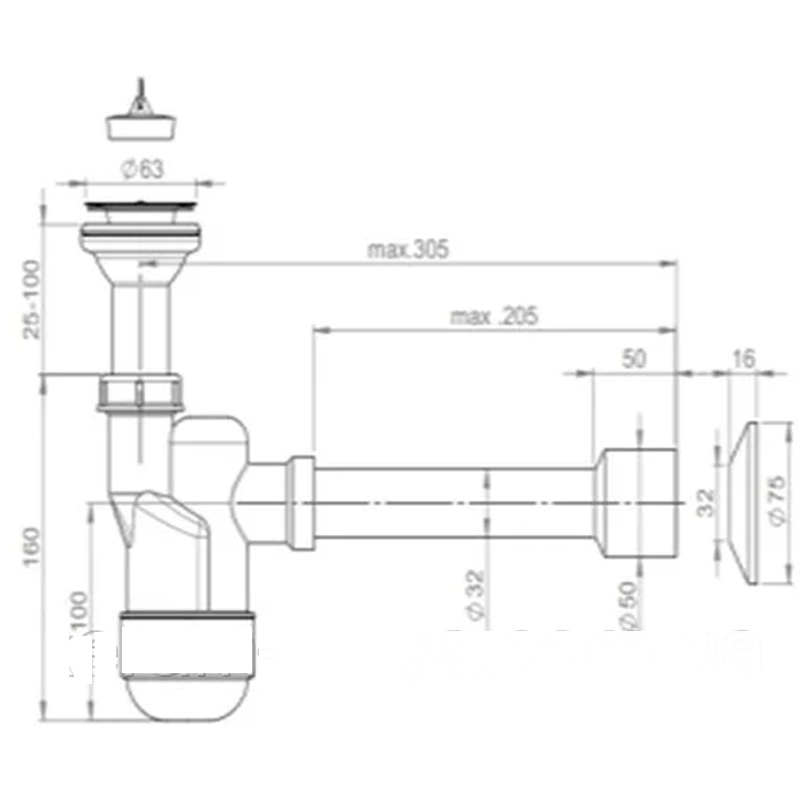 Cифон для умывальника Ventloc с шариком, с верхом, телескоп. труба d32 / 50 Prevex 3015001