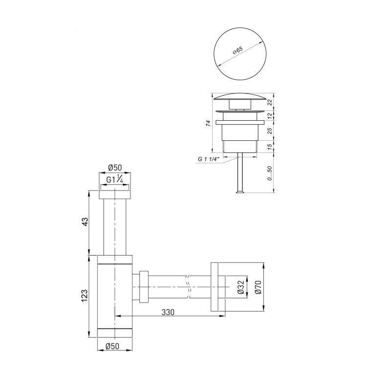 Сифон латунный с донным клапаном Globus Lux GSB-32-125-04BB