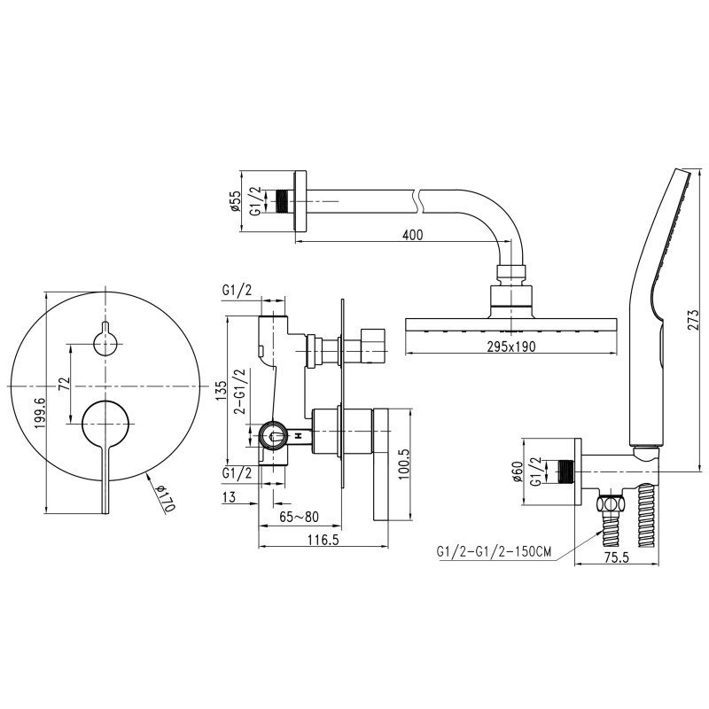 Душевая система встроенная TOPAZ MODERNO TMD-33205-H78A