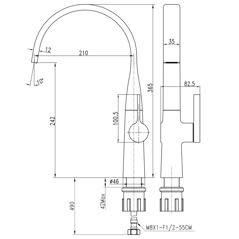 Змішувач для кухні TOPAZ  MODERNO TMD-33203S-H78A, Шланги TAQ-M0865