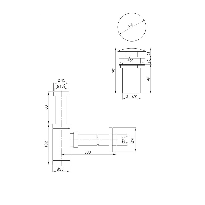 Сифон металлический с донным клапаном без перелива Globus Lux GS-32-105-03B