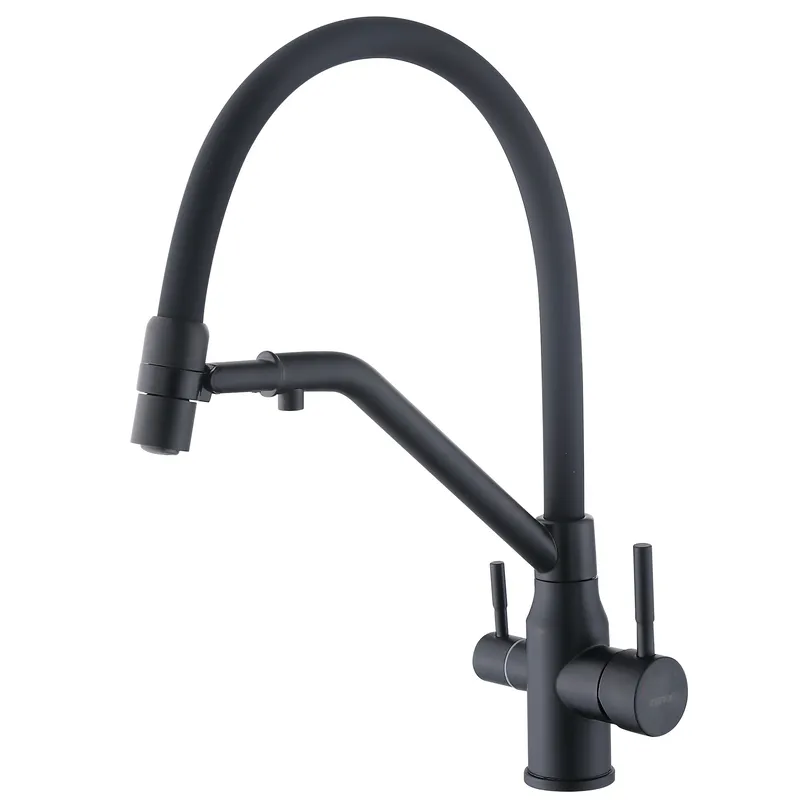 Смеситель для кухни с силиконовым изливом Zerix MAG-021 Black Refl.Black из нерж. стали SUS304 с выходом для пит.воды (ZX6006)