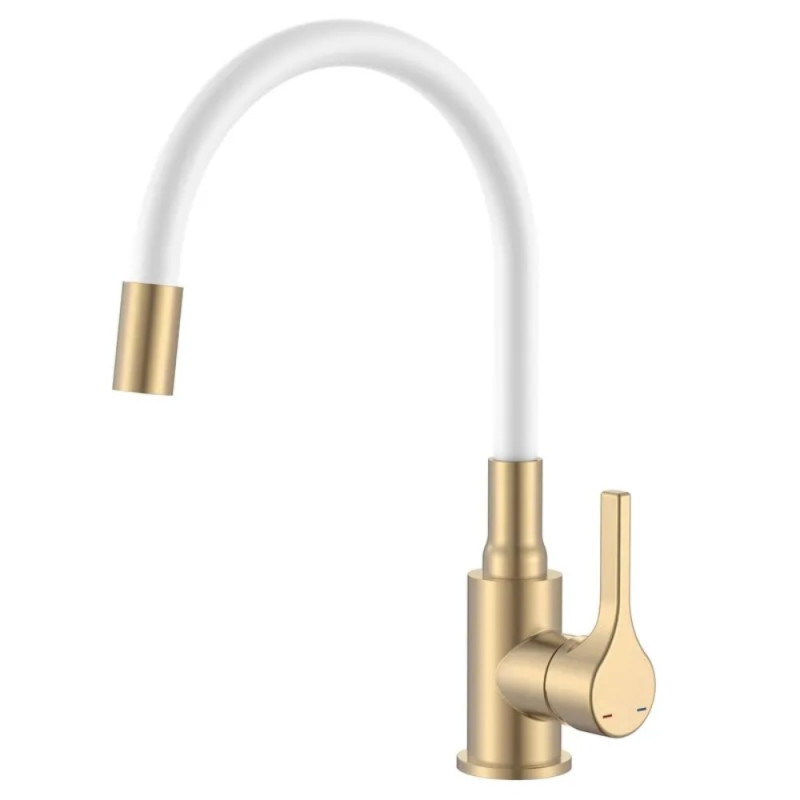 Смеситель для кухни Zerix Rex-011 Brushed Gold Refl.White из нерж.стали (Цвет мат.золото+силик.излив белый) (ZX6134)