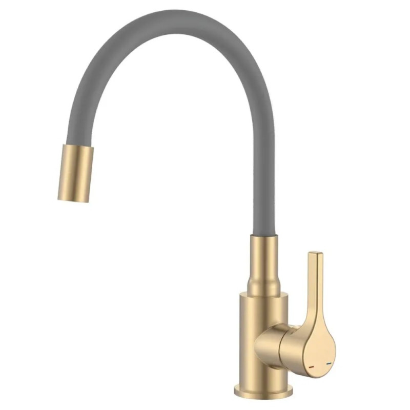 Смеситель для кухни Zerix Rex-011 Brushed Gold Refl.Grey из нерж.стали (Цвет мат.золото+силик.излив серый) (ZX6133)
