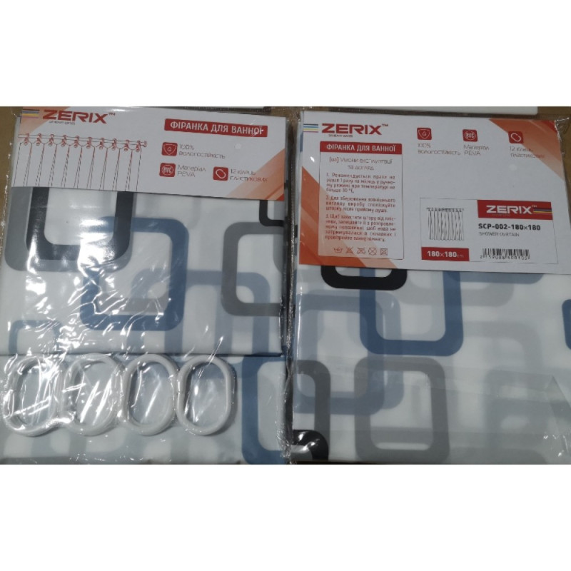 Шторка для ванной Zerix SCP-002-180x180 из PEVA (полиэтиленвинилацетата) (Узор "Квадраты" сине-голубые) (ZX5001)