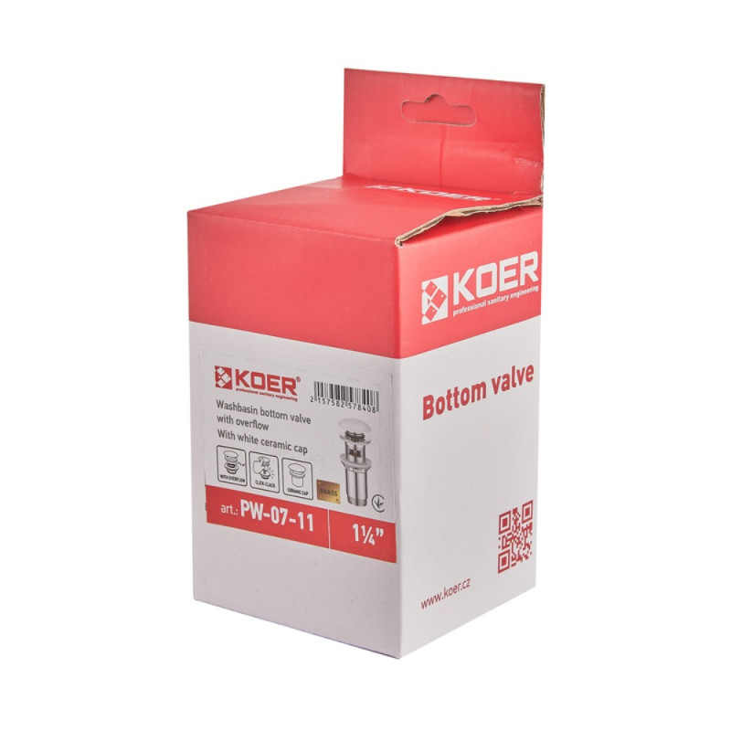 Донный клапан для раковины Koer PW-07-11 1 1/4'' с переливом автоматический СLICK-СLACK (Белая керам.накл.) (KR5784)