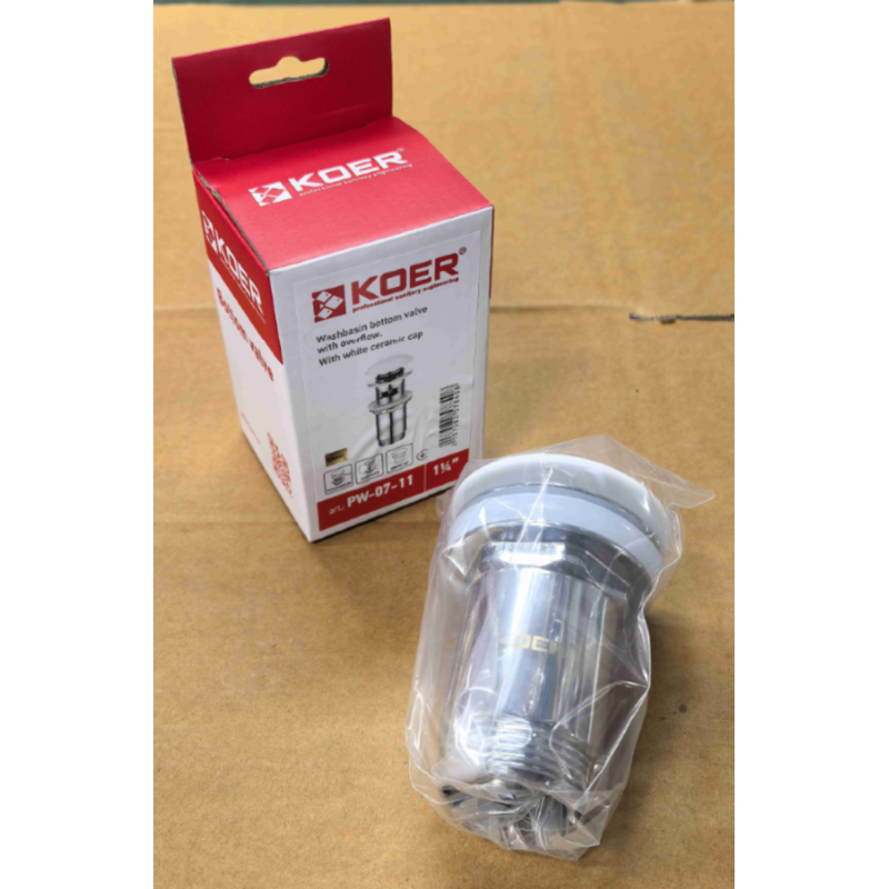 Донный клапан для раковины Koer PW-07-11 1 1/4'' с переливом автоматический СLICK-СLACK (Белая керам.накл.) (KR5784)