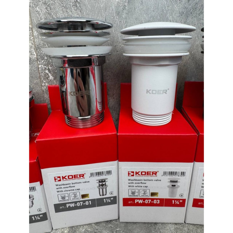 Донный клапан для раковины Koer PW-07-01 1 1/4'' с переливом автоматический СLICK-СLACK (Цвет хром) (KR5782)