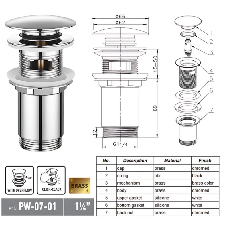 Донный клапан для раковины Koer PW-07-01 1 1/4'' с переливом автоматический СLICK-СLACK (Цвет хром) (KR5782)
