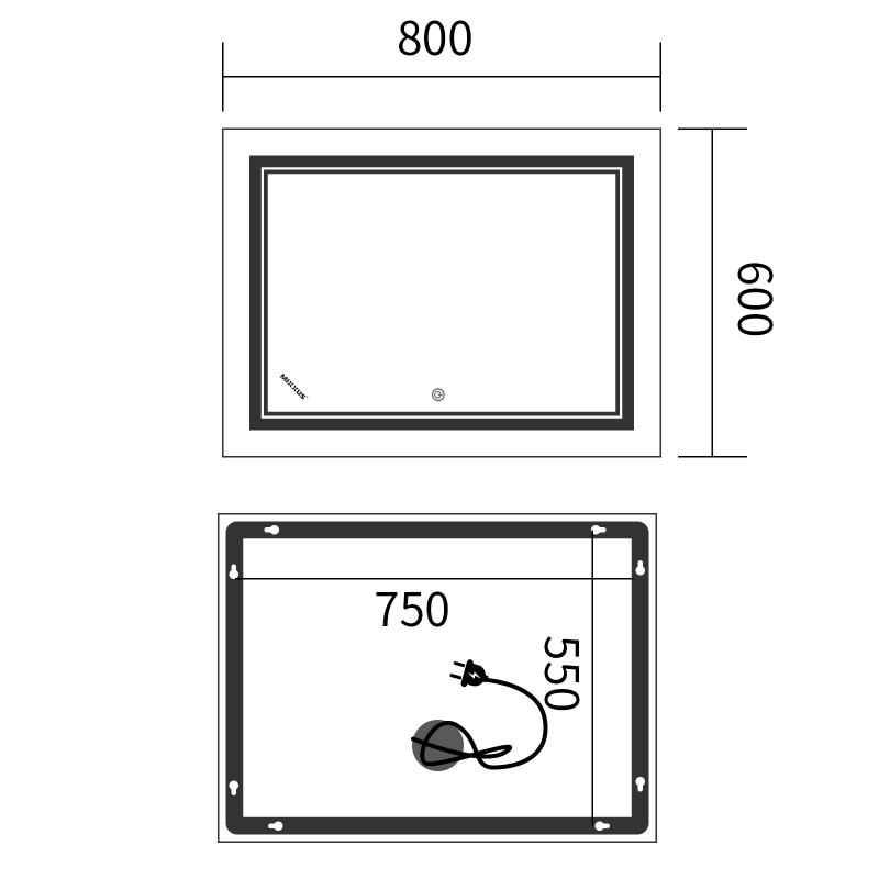 Зеркало Mixxus Premium QUADRO MR20-80x60-Reverse с Led Touch, Anti-fog, димером, регулятором яркости (MP6619)