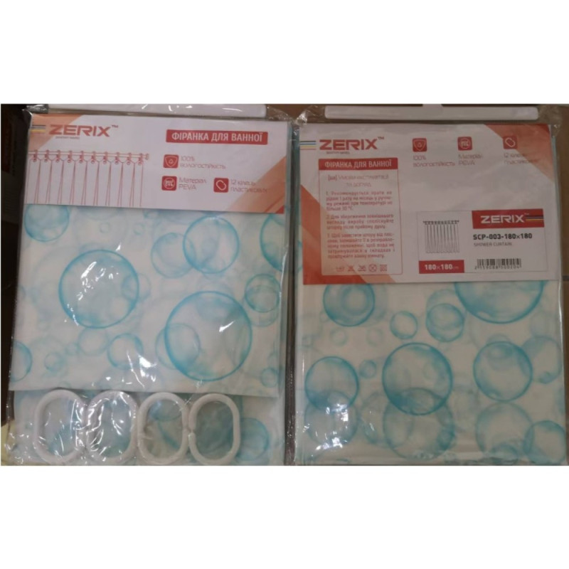 Шторка для ванной Zerix SCP-003-180x180 из PEVA (полиэтиленвинилацетата) (Узор "Капли") (ZX5002)