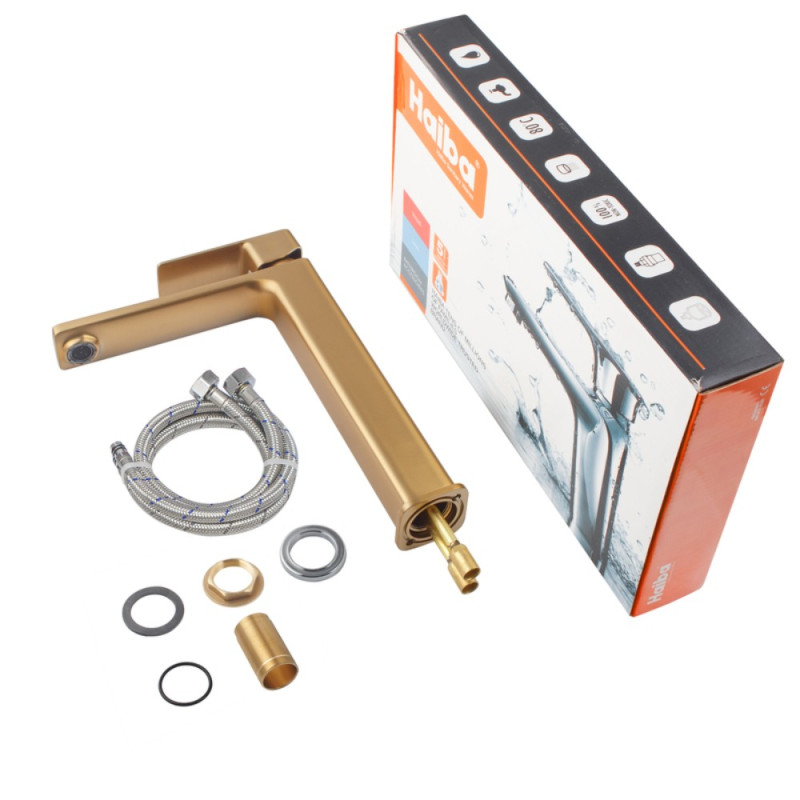 Змішувач для умивальника високий Haiba KUBUS 001 (HIGH) BRUSHED GOLD (HB9623)