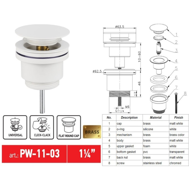 Донный клапан для раковины Koer PW-11-03 1 1/4'' универсальный (с/без перл) СLICK-СLACK (Цвет белый) (KR5791)