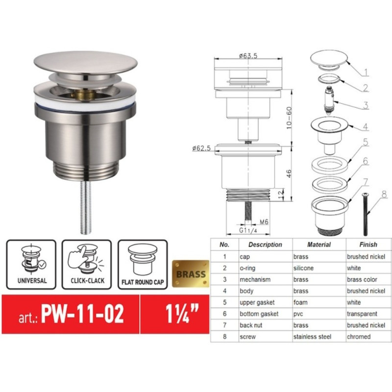 Донный клапан для раковины Koer PW-11-02 1 1/4'' универсальный (с/без перел.) СLICK-СLACK SS COLOR (KR5792)
