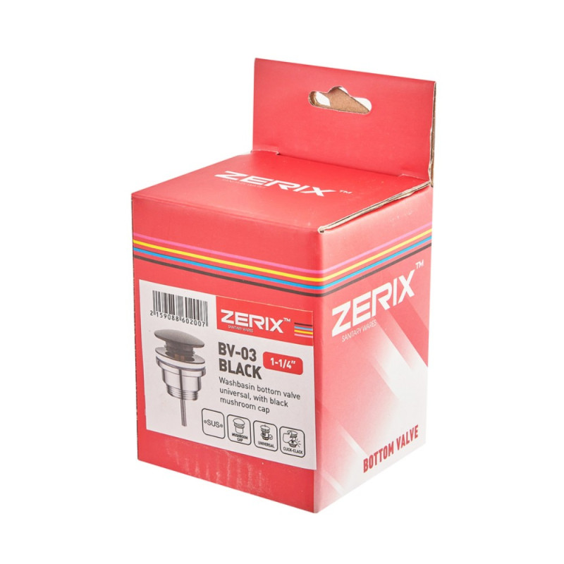 Донний клапан для раковини Zerix BV-03 BLACK 1 1/4''  універсальний (з/без перел) СLICK-СLACK (Колір чорний) (ZX6020)