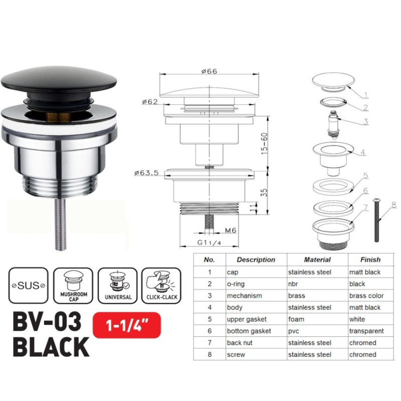 Донний клапан для раковини Zerix BV-03 BLACK 1 1/4''  універсальний (з/без перел) СLICK-СLACK (Колір чорний) (ZX6020)