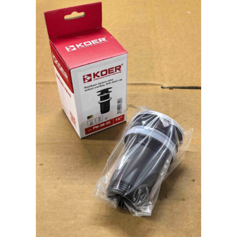 Донный клапан для раковины Koer PW-08-05 1 1/4'' без перелива автоматический СLICK-СLACK (Цвет черный) (KR5789)