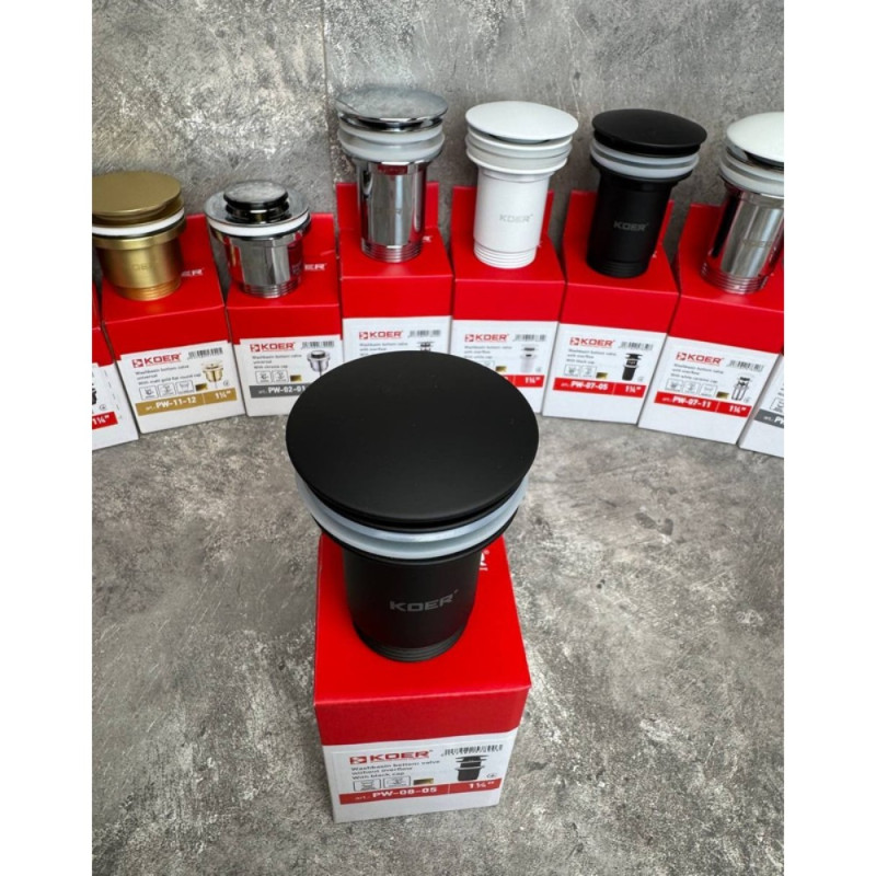 Донный клапан для раковины Koer PW-08-05 1 1/4'' без перелива автоматический СLICK-СLACK (Цвет черный) (KR5789)