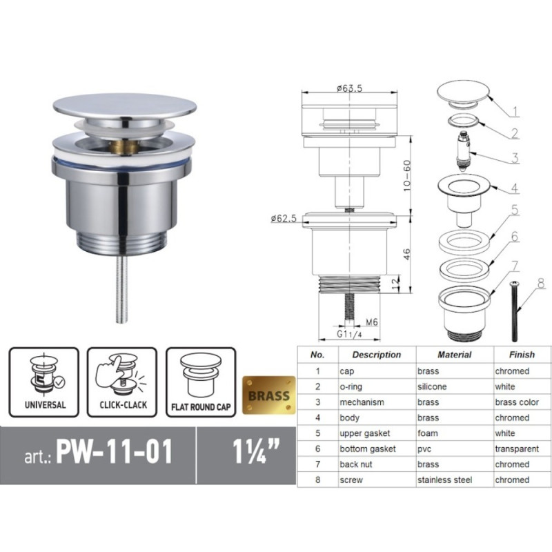 Донный клапан для раковины Koer PW-11-01 1 1/4'' универсальный (с/без перел) СLICK-СLACK (Цвет хром) (KR5790)