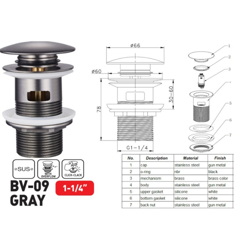 Донний клапан для раковини з переливом Zerix BV-09 GRAY 1 1/4" автоматичний Click-Clack (Колір графіт) (MY0415)