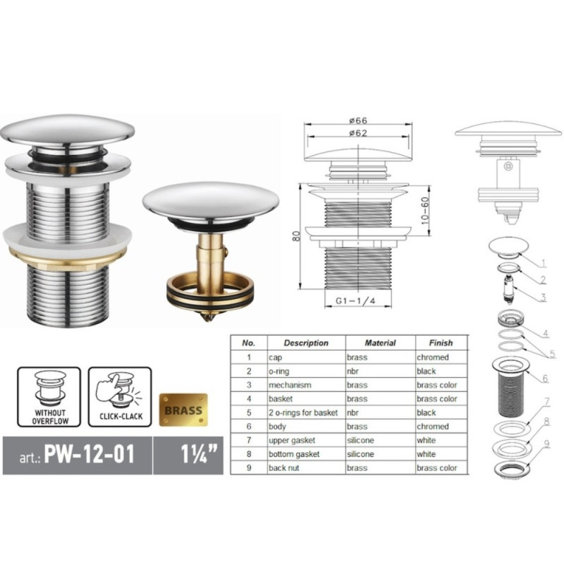 Донный клапан для раковины Koer PW-12-01 1 1/4'' без перелива автоматический СLICK-СLACK (Цвет хром) (KR5798)