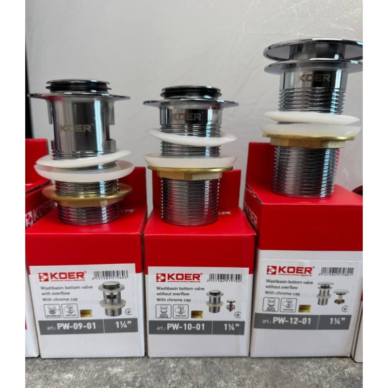 Донный клапан для раковины Koer PW-10-01 1 1/4'' без перелива автоматический СLICK-СLACK (Цвет хром) (KR5797)