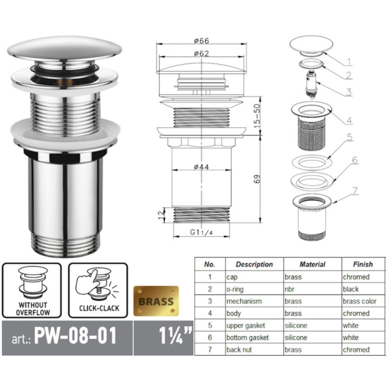Донный клапан для раковины Koer PW-08-01 1 1/4'' без перелива автоматический СLICK-СLACK (Цвет хром) (KR5786)