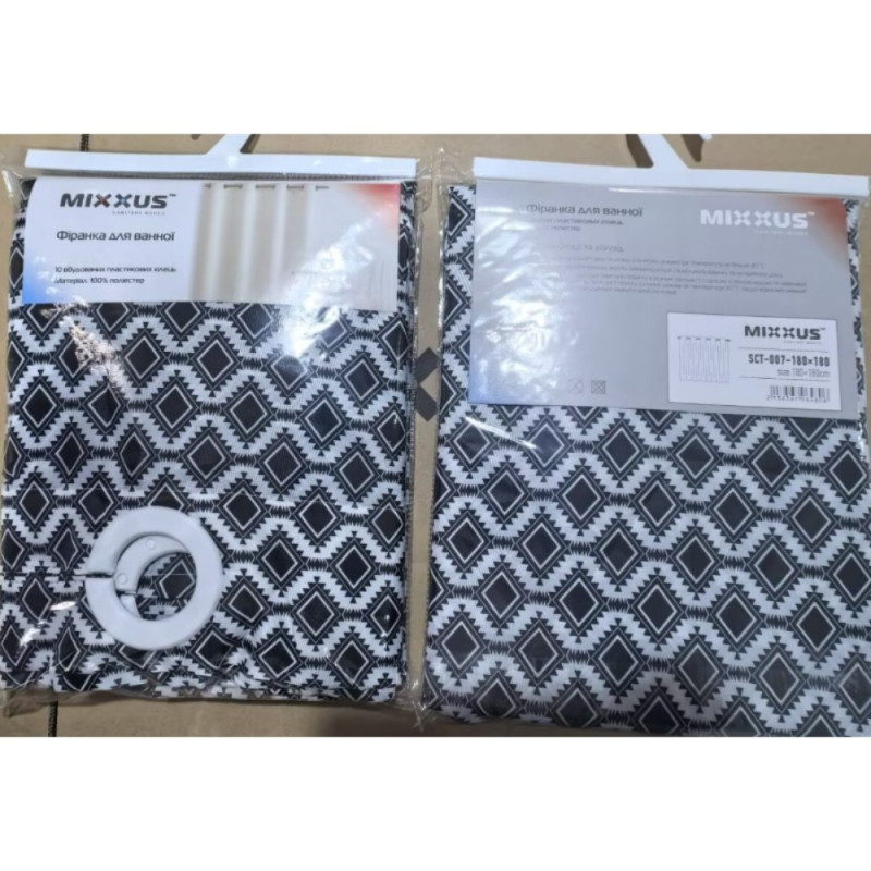 Шторка для ванной Mixxus SCT-007-180x180 из полиэстера со встроенными кольцами (Узор "Соты" черно-белый) (AC0648)