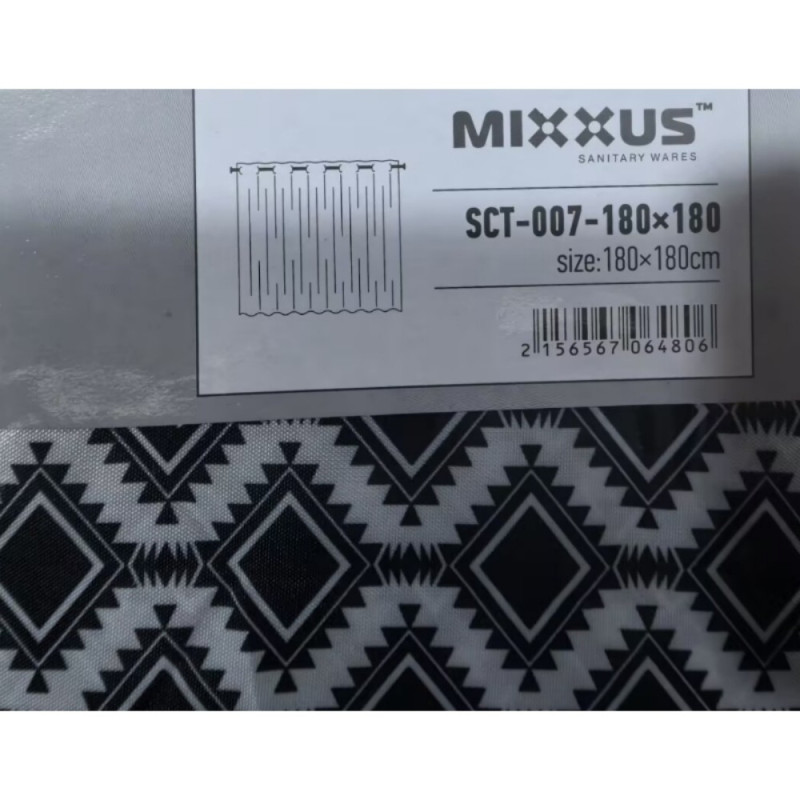 Шторка для ванной Mixxus SCT-007-180x180 из полиэстера со встроенными кольцами (Узор "Соты" черно-белый) (AC0648)