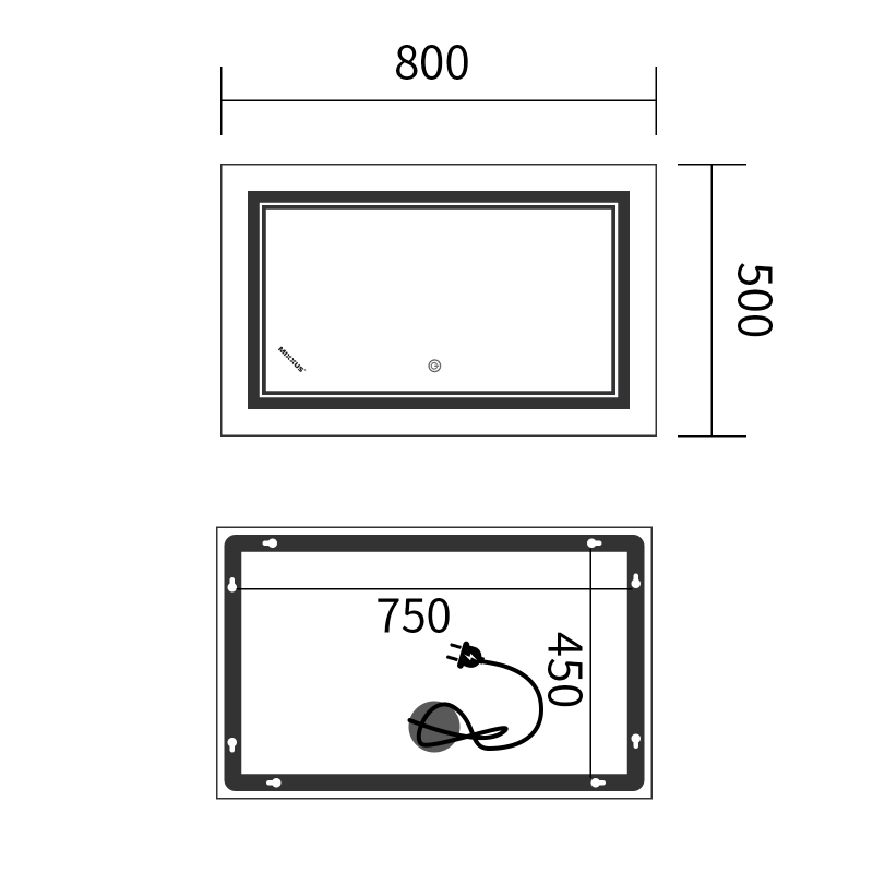 Зеркало Mixxus Premium QUADRO MR20-50x80-Reverse с Led Touch, Anti-fog, димером, регулятором яркости (MP6620)