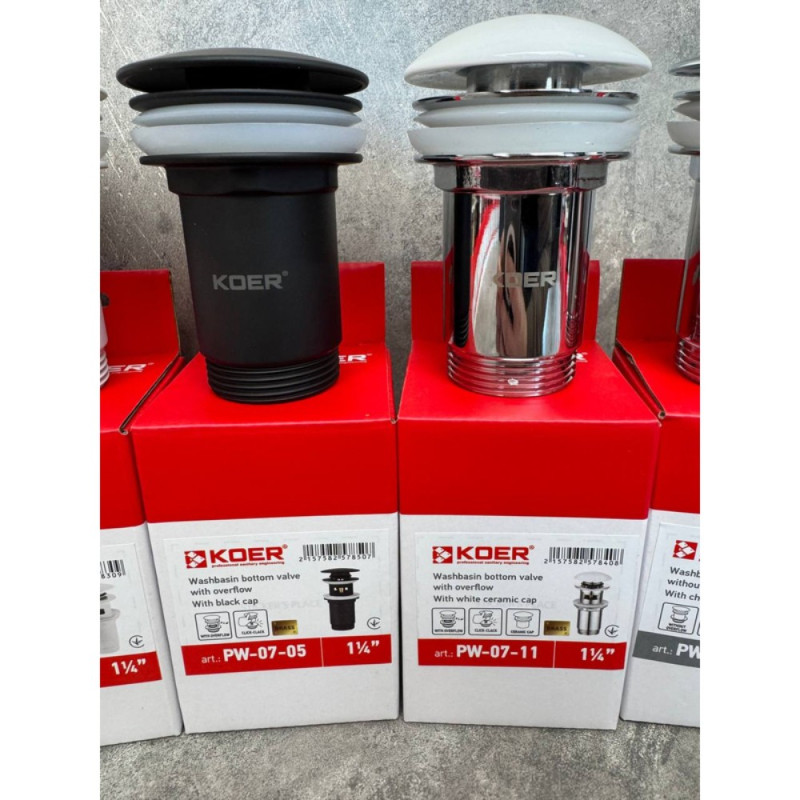 Донный клапан для раковины Koer PW-07-05 1 1/4'' с переливом автоматический СLICK-СLACK (Цвет черный) (KR5785)
