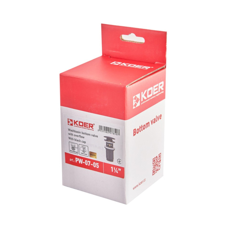 Донный клапан для раковины Koer PW-07-05 1 1/4'' с переливом автоматический СLICK-СLACK (Цвет черный) (KR5785)