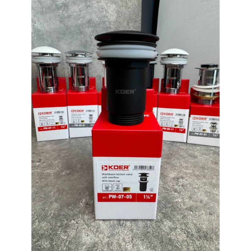 Донный клапан для раковины Koer PW-07-05 1 1/4'' с переливом автоматический СLICK-СLACK (Цвет черный) (KR5785)