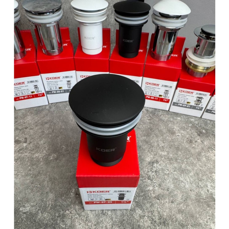 Донный клапан для раковины Koer PW-07-05 1 1/4'' с переливом автоматический СLICK-СLACK (Цвет черный) (KR5785)