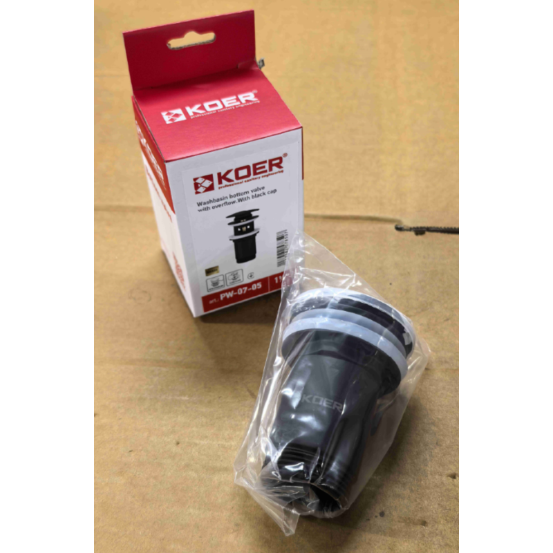 Донный клапан для раковины Koer PW-07-05 1 1/4'' с переливом автоматический СLICK-СLACK (Цвет черный) (KR5785)