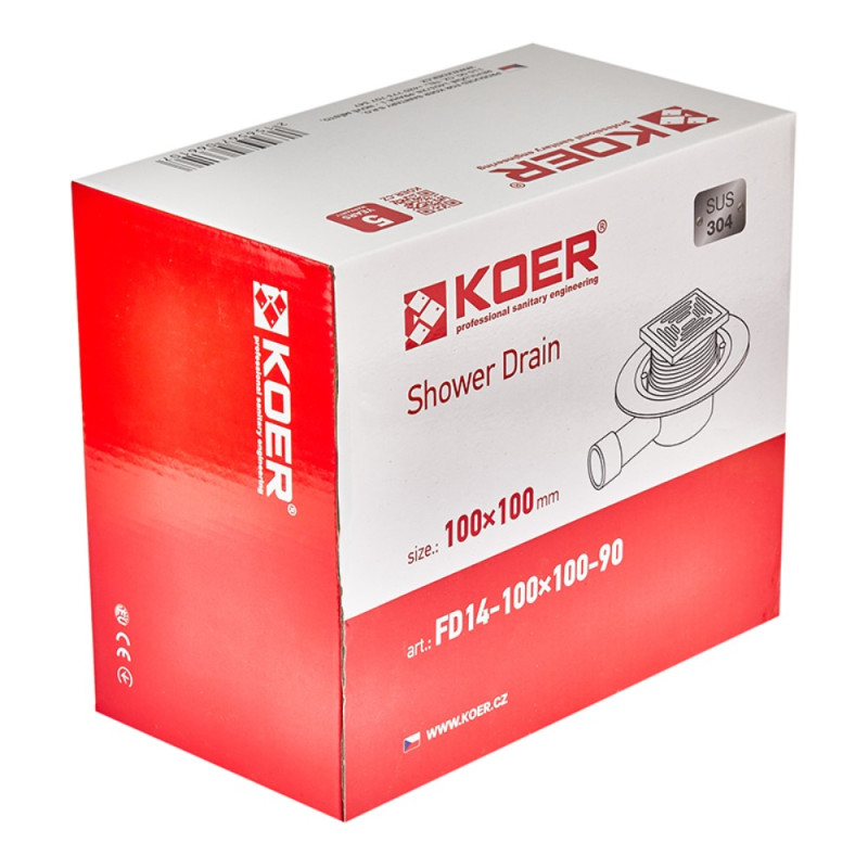 Душевой трап из нержавеющей стали SUS304 Koer FD14-100x100-90 (угловой отвод) (AC0661)
