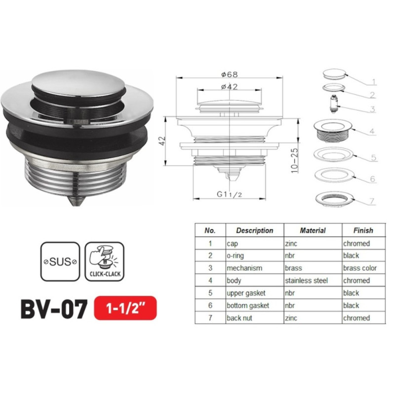 Донный клапан для ванны Zerix BV-07 1 1/2'' автоматический СLICK-СLACK (Цвет хром) (ZX6024)