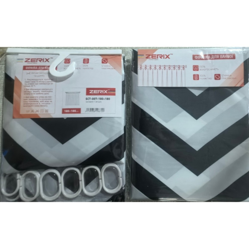 Шторка для ванной Zerix SCT-007-180x180 из полиэстера (Узор "Зигзаг" бело-черный) (ZX4987)