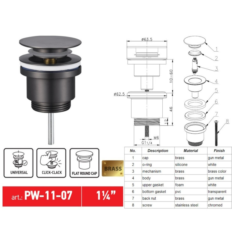 Донный клапан для раковины Koer PW-11-07 1 1/4'' универсальный (с/без перл) СLICK-СLACK (Цвет графит) (KR5793)