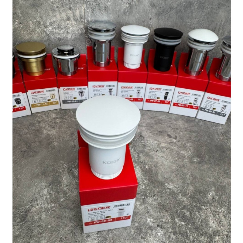 Донный клапан для раковины Koer PW-08-03 1 1/4'' без перелива автоматический СLICK-СLACK (Цвет белый) (KR5787)