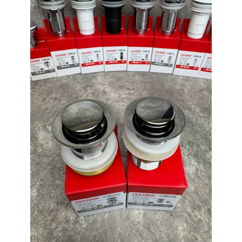 Донный клапан для раковины Koer PW-09-01 1 1/4'' с переливом автоматический СLICK-СLACK (Цвет хром) (KR5796)
