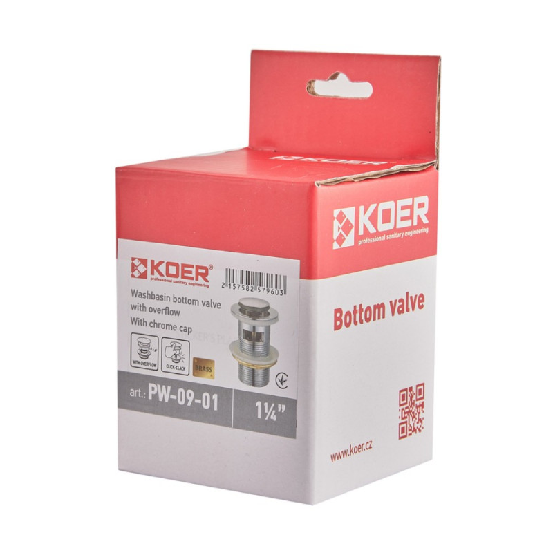 Донный клапан для раковины Koer PW-09-01 1 1/4'' с переливом автоматический СLICK-СLACK (Цвет хром) (KR5796)