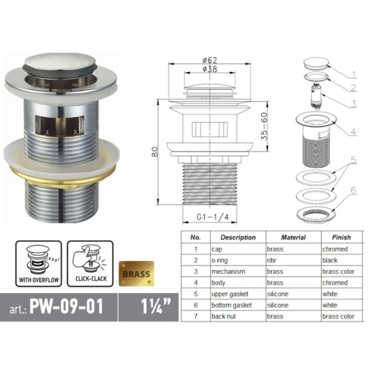 Донный клапан для раковины Koer PW-09-01 1 1/4'' с переливом автоматический СLICK-СLACK (Цвет хром) (KR5796)