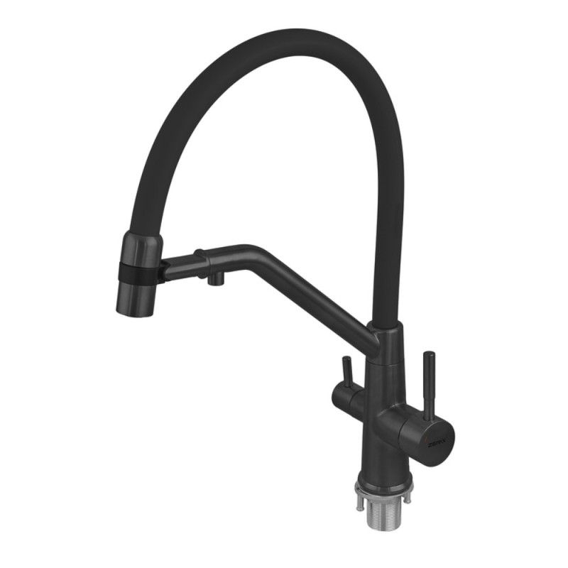 Смеситель для кухни с силиконовым изливом Zerix MAG-021 Black Refl.Black из нерж. стали SUS304 с выходом для пит.воды (ZX6006)