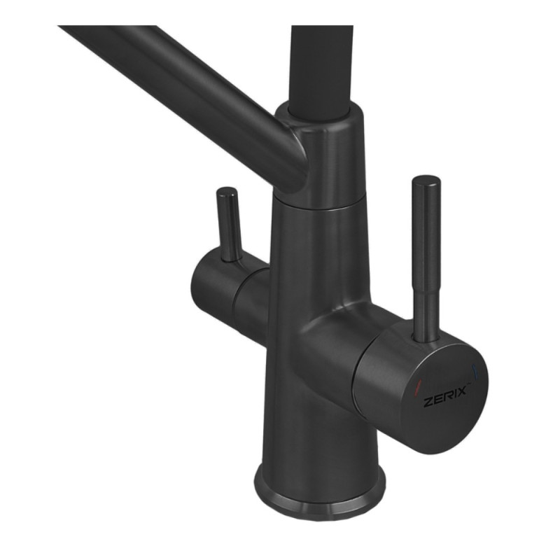 Смеситель для кухни с силиконовым изливом Zerix MAG-021 Black Refl.Black из нерж. стали SUS304 с выходом для пит.воды (ZX6006)