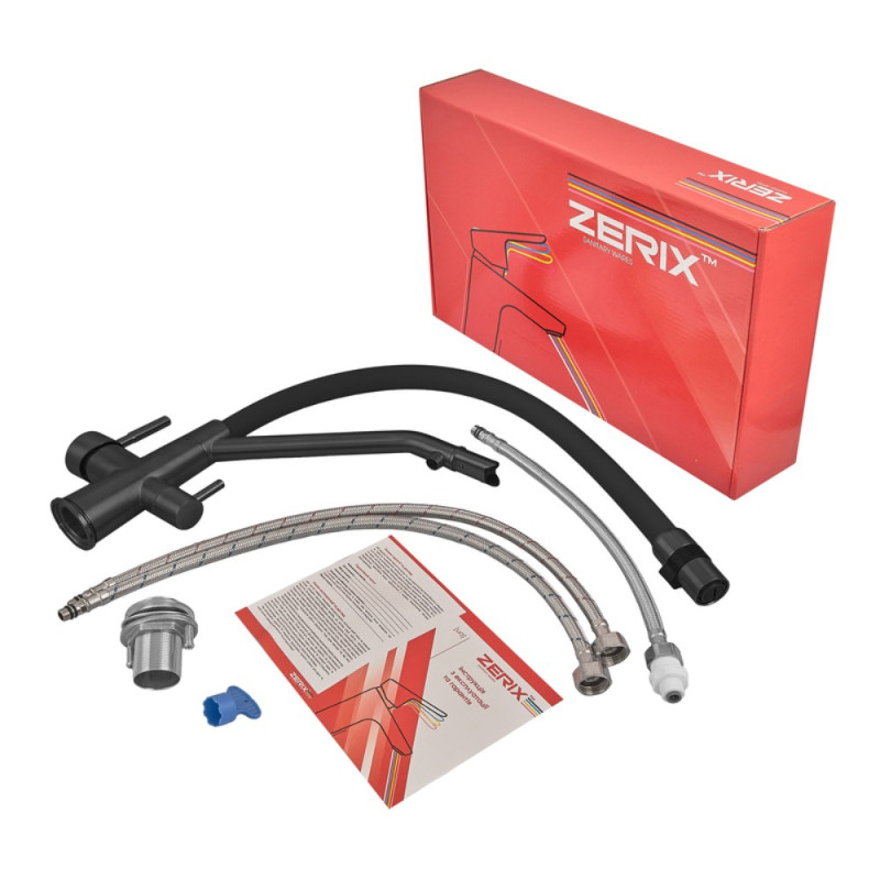 Смеситель для кухни с силиконовым изливом Zerix MAG-021 Black Refl.Black из нерж. стали SUS304 с выходом для пит.воды (ZX6006)