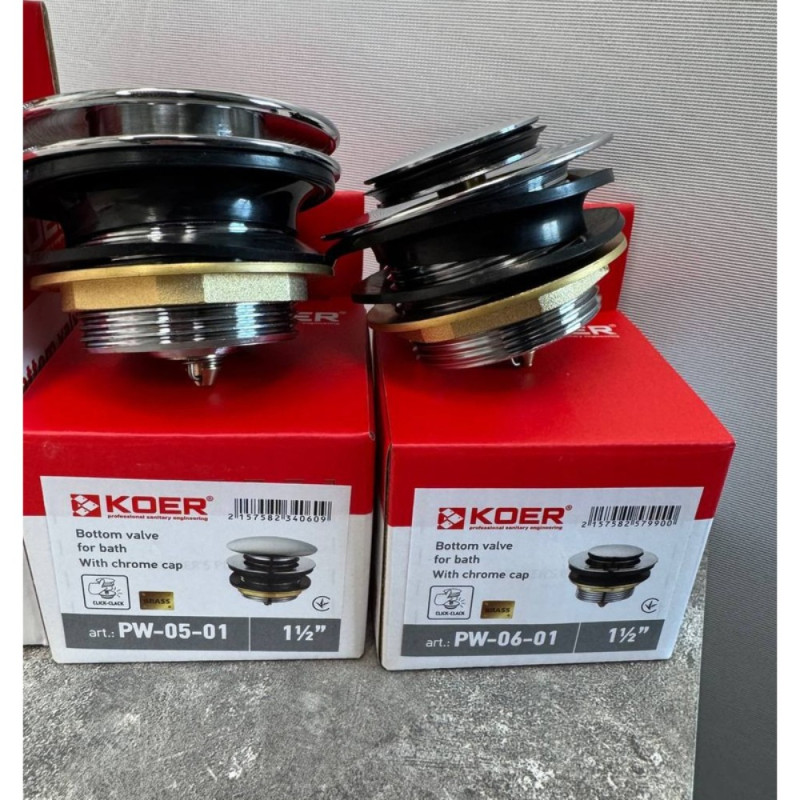 Донный клапан для ванны Koer PW-05-01 автоматический (Click-Clack) (Цвет хром) 1 1/2'' (KR3406)