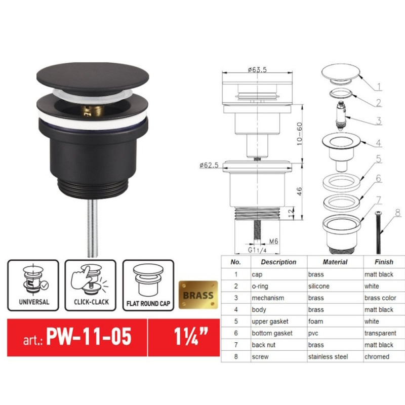Донный клапан для раковины Koer PW-11-05 1 1/4'' универсальный (с/без перел) СLICK-СLACK (Цвет черный) (KR5795)